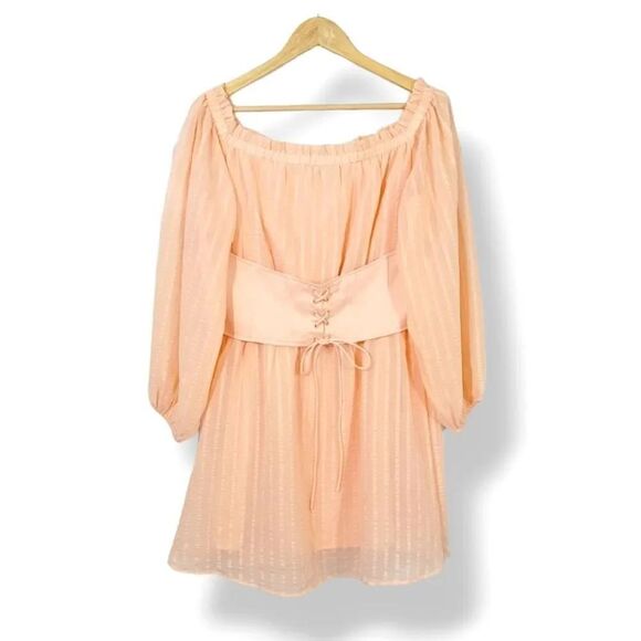 NEW Guess Sheer Chiffon Corset Bardot Milkmaid Peasant Mini Dress in Peach Large - Picture 6 of 14